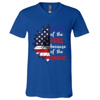 Home Of The Free Because Of The Brave Sunflower Usa Flag Gift V-Neck T-Shirt