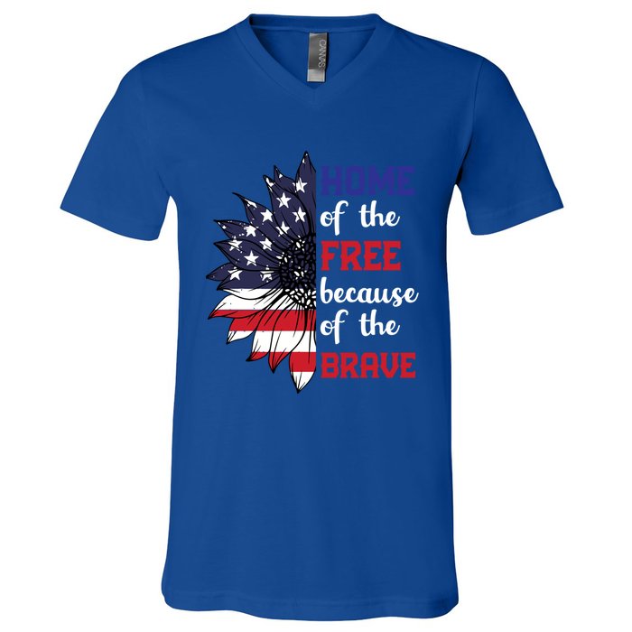 Home Of The Free Because Of The Brave Sunflower Usa Flag Gift V-Neck T-Shirt