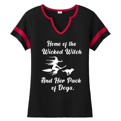 Home Of The Wicked Witch And Her Pack Of Dog Funny Halloween Ladies Halftime Notch Neck Tee