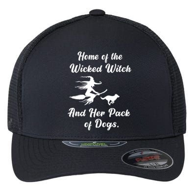 Home Of The Wicked Witch And Her Pack Of Dog Funny Halloween Flexfit Unipanel Trucker Cap