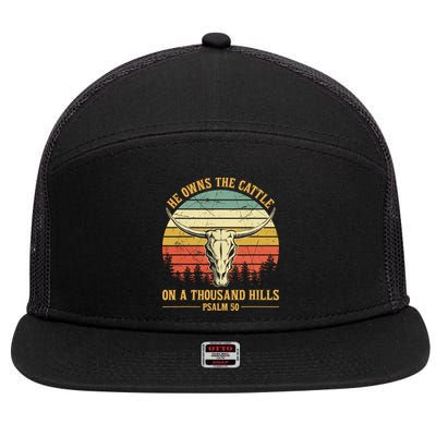 He Owns The Cattle On A Thousand Hills Bull Skull Christian 7 Panel Mesh Trucker Snapback Hat