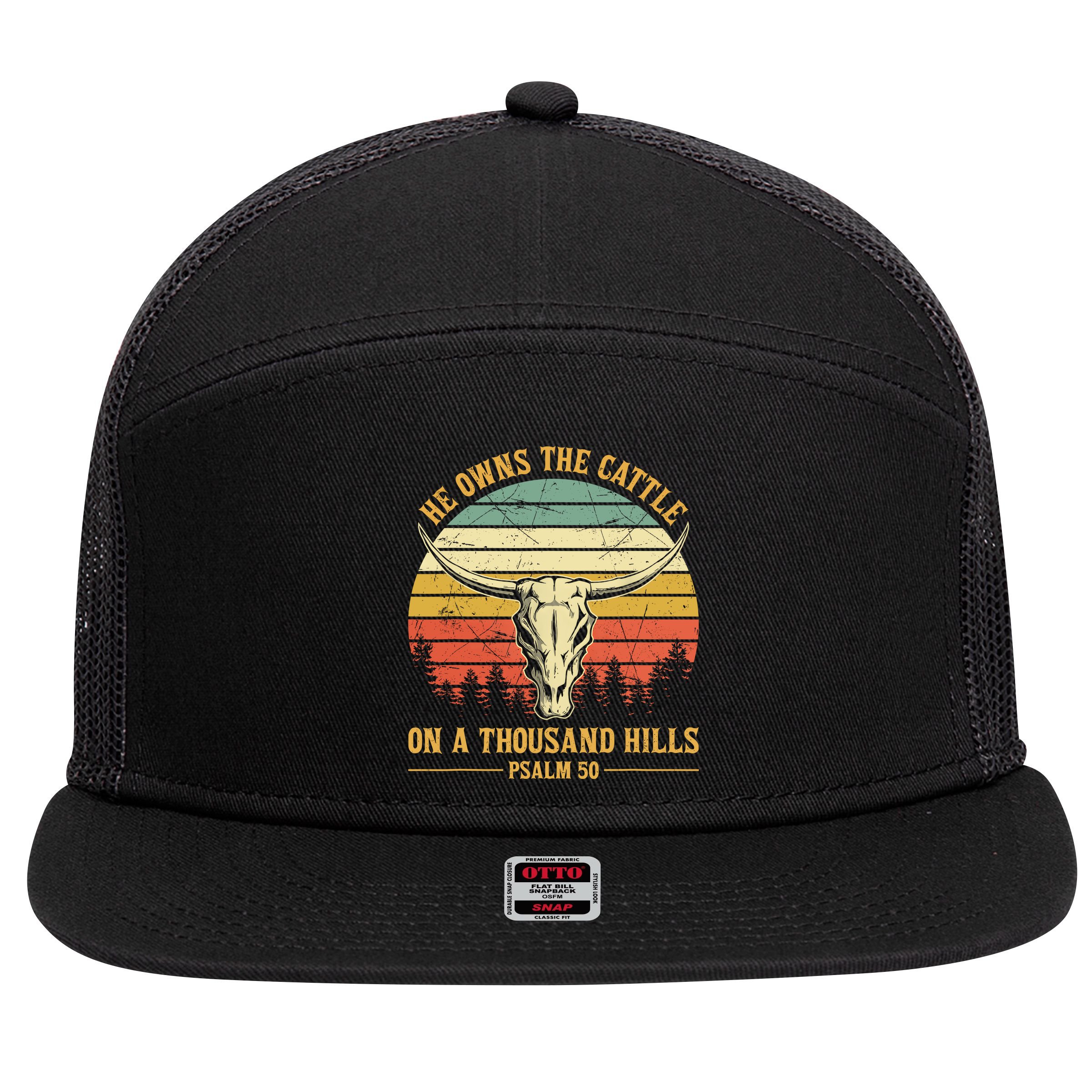 He Owns The Cattle On A Thousand Hills Bull Skull Christian 7 Panel Mesh Trucker Snapback Hat