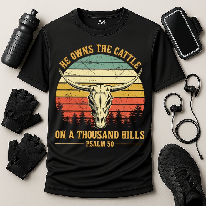 He Owns The Cattle On A Thousand Hills Bull Skull Christian Performance Shirt