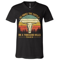 He Owns The Cattle On A Thousand Hills Bull Skull Christian V-Neck T-Shirt