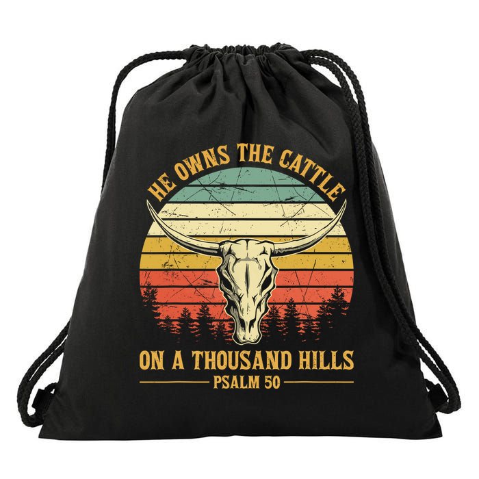 He Owns The Cattle On A Thousand Hills Bull Skull Christian Drawstring Bag