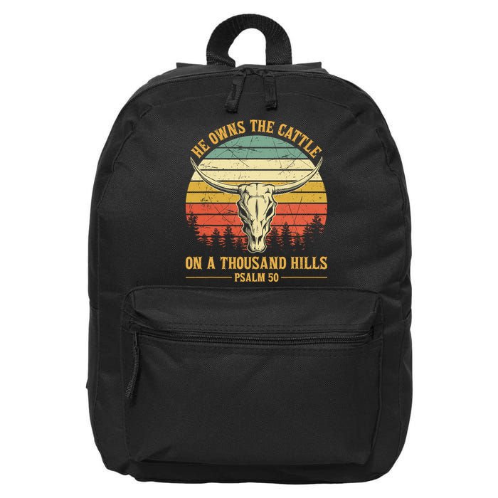 He Owns The Cattle On A Thousand Hills Bull Skull Christian 16 in Basic Backpack
