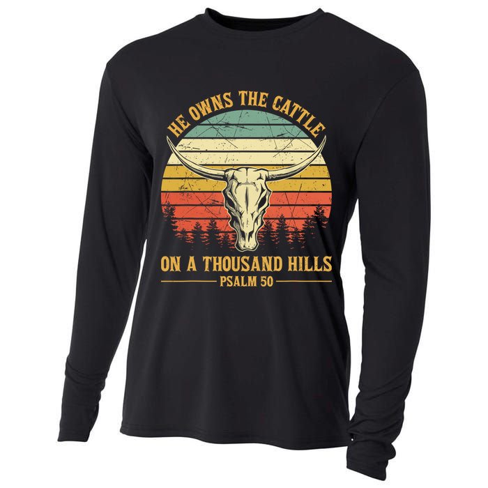 He Owns The Cattle On A Thousand Hills Bull Skull Christian Cooling Performance Long Sleeve Crew