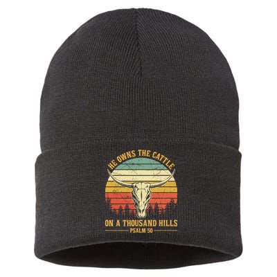 He Owns The Cattle On A Thousand Hills Bull Skull Christian Sustainable Knit Beanie