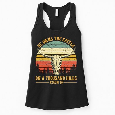 He Owns The Cattle On A Thousand Hills Bull Skull Christian Womens Tank Top