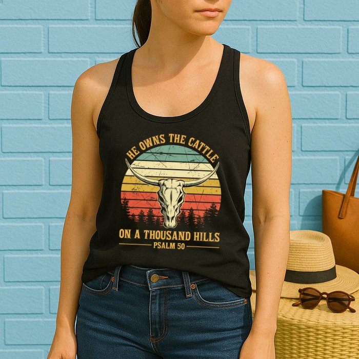 He Owns The Cattle On A Thousand Hills Bull Skull Christian Womens Tank Top