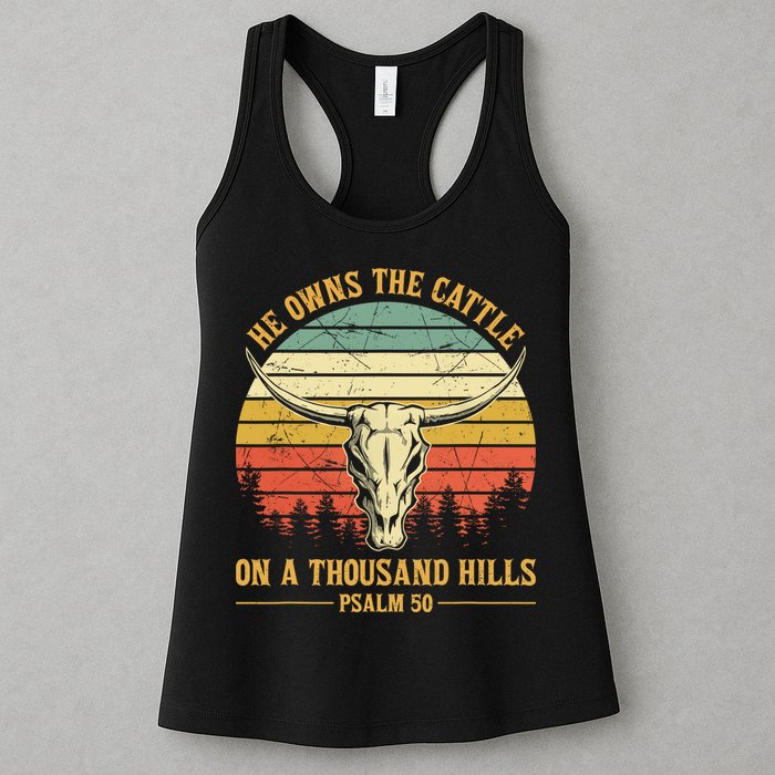 He Owns The Cattle On A Thousand Hills Bull Skull Christian Womens Tank Top