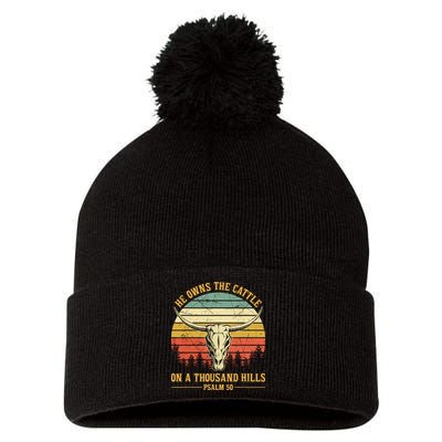 He Owns The Cattle On A Thousand Hills Bull Skull Christian Pom Pom 12in Knit Beanie
