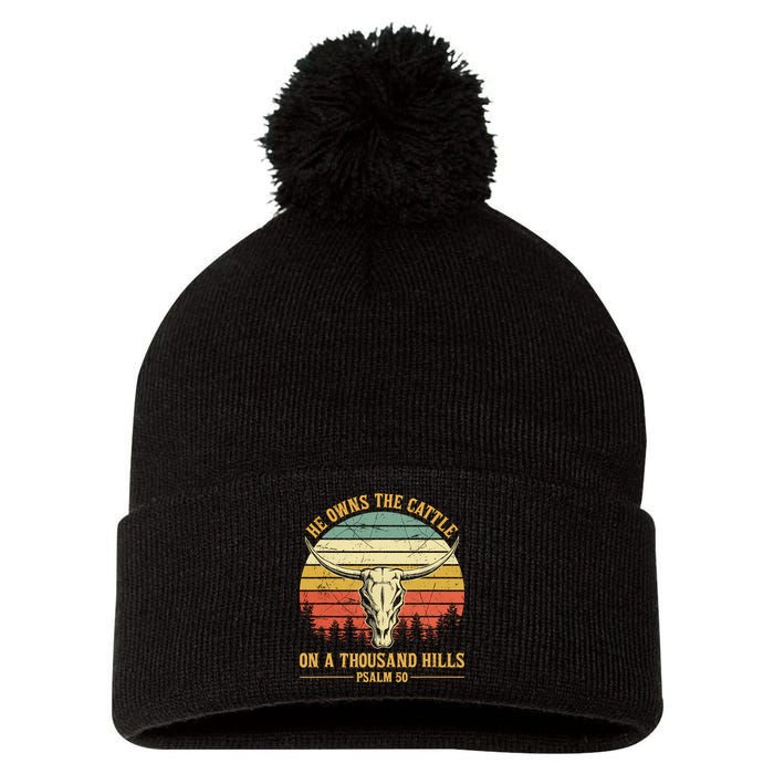 He Owns The Cattle On A Thousand Hills Bull Skull Christian Pom Pom 12in Knit Beanie