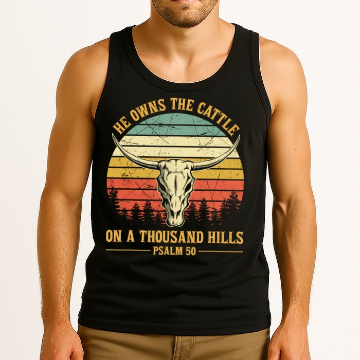 He Owns The Cattle On A Thousand Hills Bull Skull Christian Tank Top