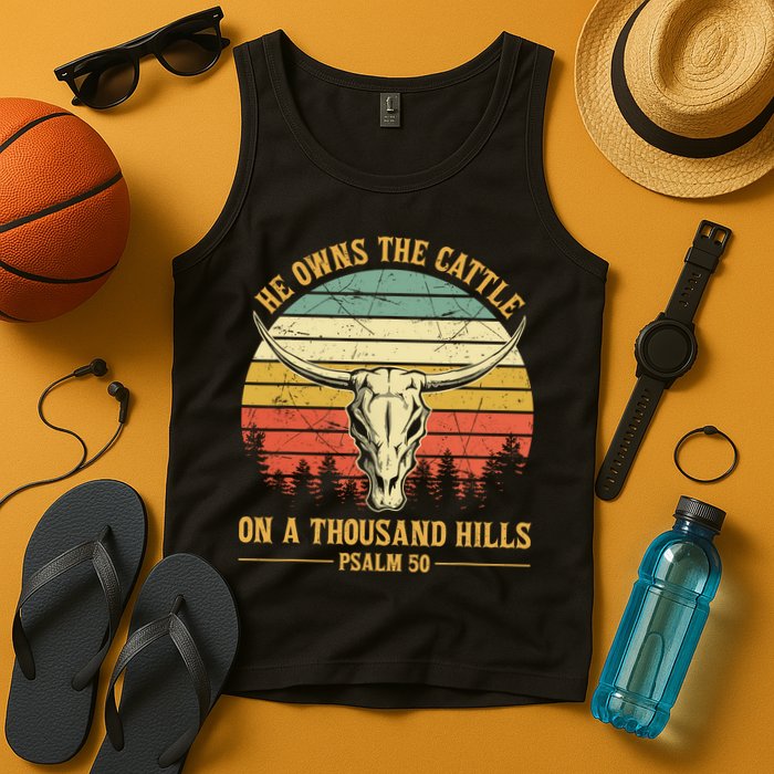 He Owns The Cattle On A Thousand Hills Bull Skull Christian Tank Top