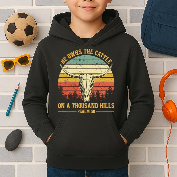 He Owns The Cattle On A Thousand Hills Bull Skull Christian Kids Hoodie