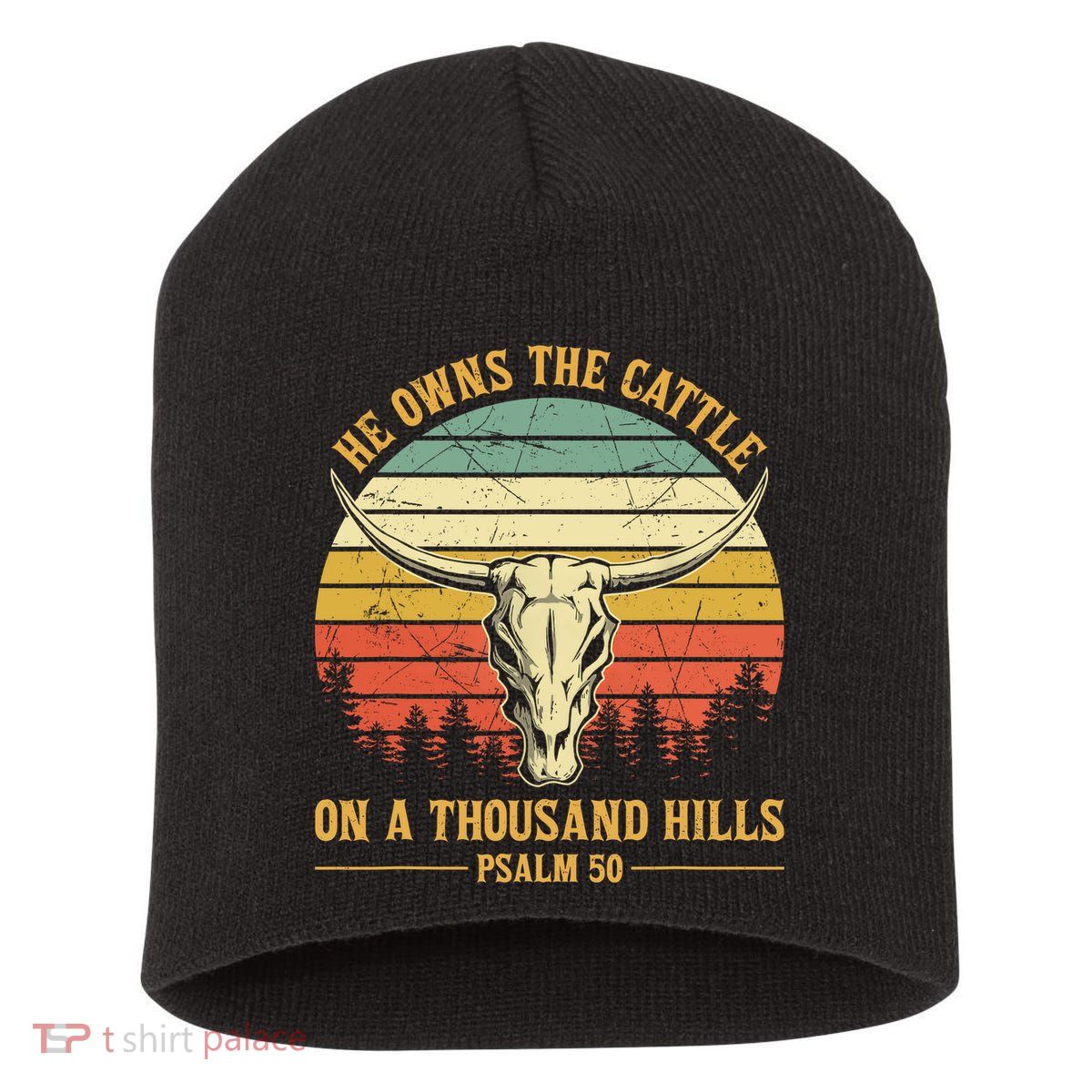 He Owns The Cattle On A Thousand Hills Bull Skull Christian Short Acrylic Beanie