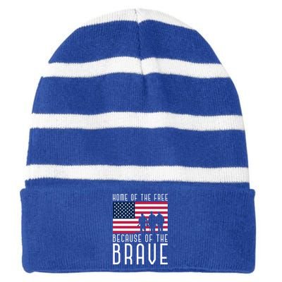 Home Of The Free Because Of The Brave Us Flag Proud Veteran Funny Gift Striped Beanie with Solid Band