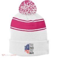 Home of the Free Because Brave 4th of July Armed Forces Day Stripe Pom Pom Beanie