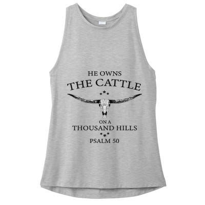 He Owns The Cattle On A Thousand Hills Bull Skull Christian Ladies PosiCharge Tri-Blend Wicking Tank