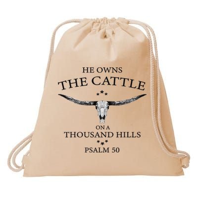 He Owns The Cattle On A Thousand Hills Bull Skull Christian Drawstring Bag