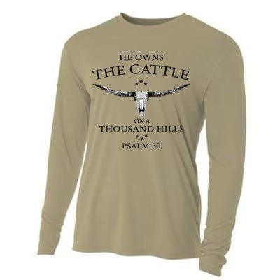 He Owns The Cattle On A Thousand Hills Bull Skull Christian Cooling Performance Long Sleeve Crew