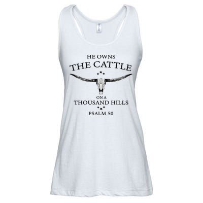 He Owns The Cattle On A Thousand Hills Bull Skull Christian Ladies Essential Flowy Tank