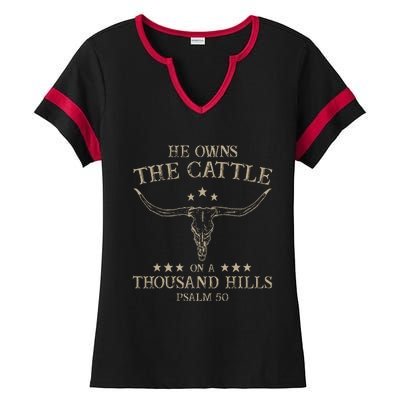 He Owns The Cattle On A Thousand Hills Psalm 50 Vintage Cow Ladies Halftime Notch Neck Tee