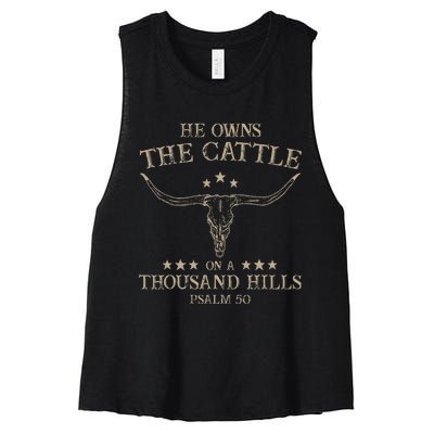 He Owns The Cattle On A Thousand Hills Psalm 50 Vintage Cow Women's Racerback Cropped Tank