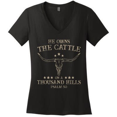 He Owns The Cattle On A Thousand Hills Psalm 50 Vintage Cow Women's V-Neck T-Shirt