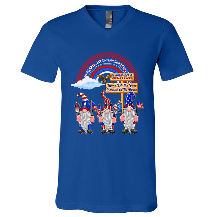 Home Of The Free Because Of The Brave Patriotic Gnome Gift V-Neck T-Shirt