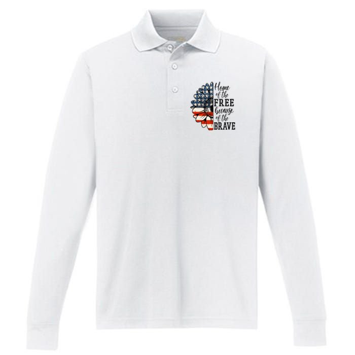 Home Of The Free Because Of The Brave Patriotic Flower Performance Long Sleeve Polo