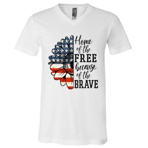 Home Of The Free Because Of The Brave Patriotic Flower V-Neck T-Shirt