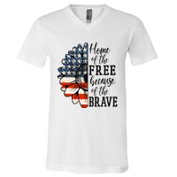 Home Of The Free Because Of The Brave Patriotic Flower V-Neck T-Shirt