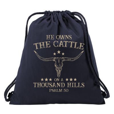 He Owns the Cattle on a Thousand Hills Psalm 50 Vintage Cow Drawstring Bag
