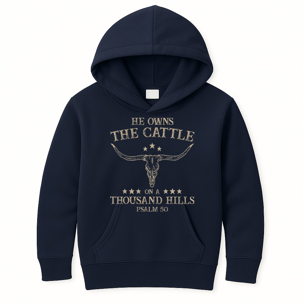 He Owns the Cattle on a Thousand Hills Psalm 50 Vintage Cow Kids Hoodie