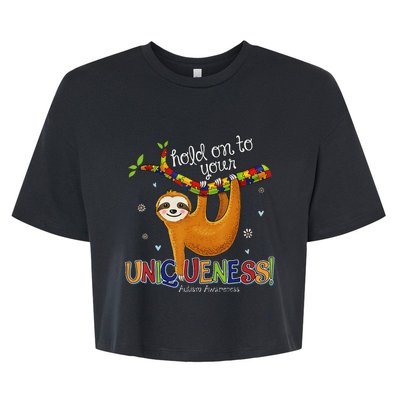 Hold On To Your Uniqueness Sloth Autism Awareness Bella+Canvas Jersey Crop Tee