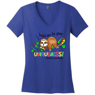 Hold On To Your Uniqueness Sloth Autism Awareness Acceptance Cute Gift Women's V-Neck T-Shirt