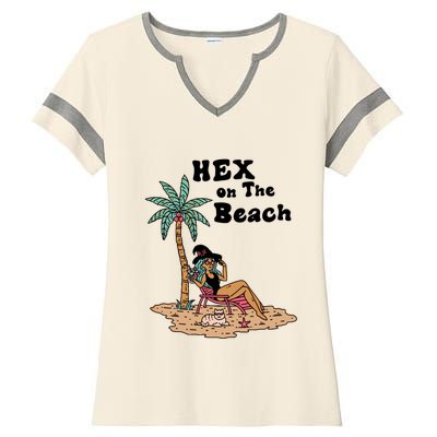 Hex On The Beach Hello Summer Vibes Beach Vacay Retro 70s Gift Ladies Halftime Notch Neck Tee