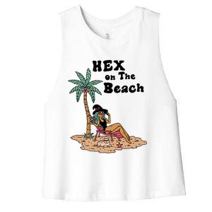 Hex On The Beach Hello Summer Vibes Beach Vacay Retro 70s Gift Women's Racerback Cropped Tank