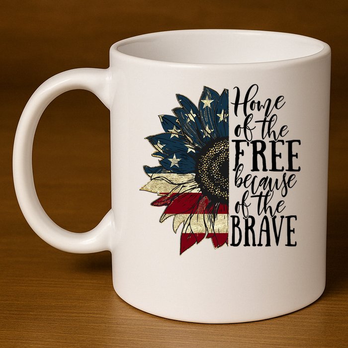 Home of the Free because of the Brave American Sunflower 11oz C Handle Ceramic Mug