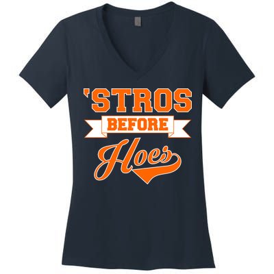 Houston 'Stros Before Hoes Baseball Script Women's V-Neck T-Shirt