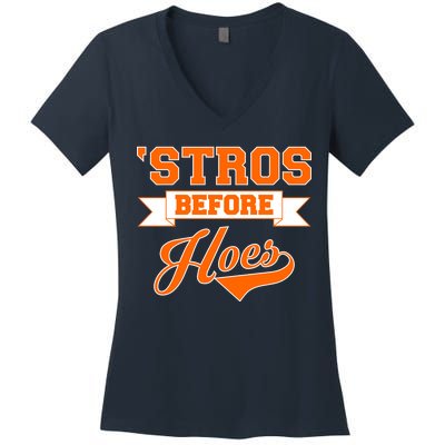 Houston 'Stros Before Hoes Baseball Script Women's V-Neck T-Shirt