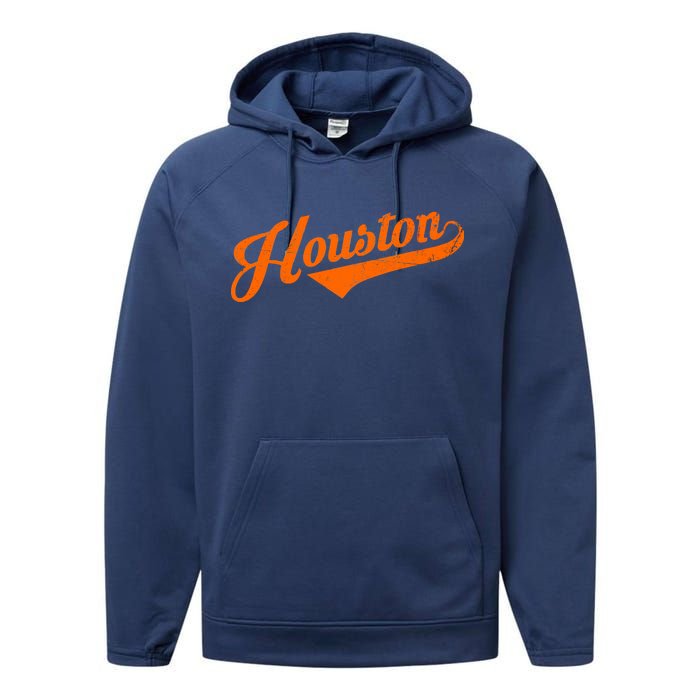 Houston, Texas City Vintage Baseball Script Performance Fleece Hoodie