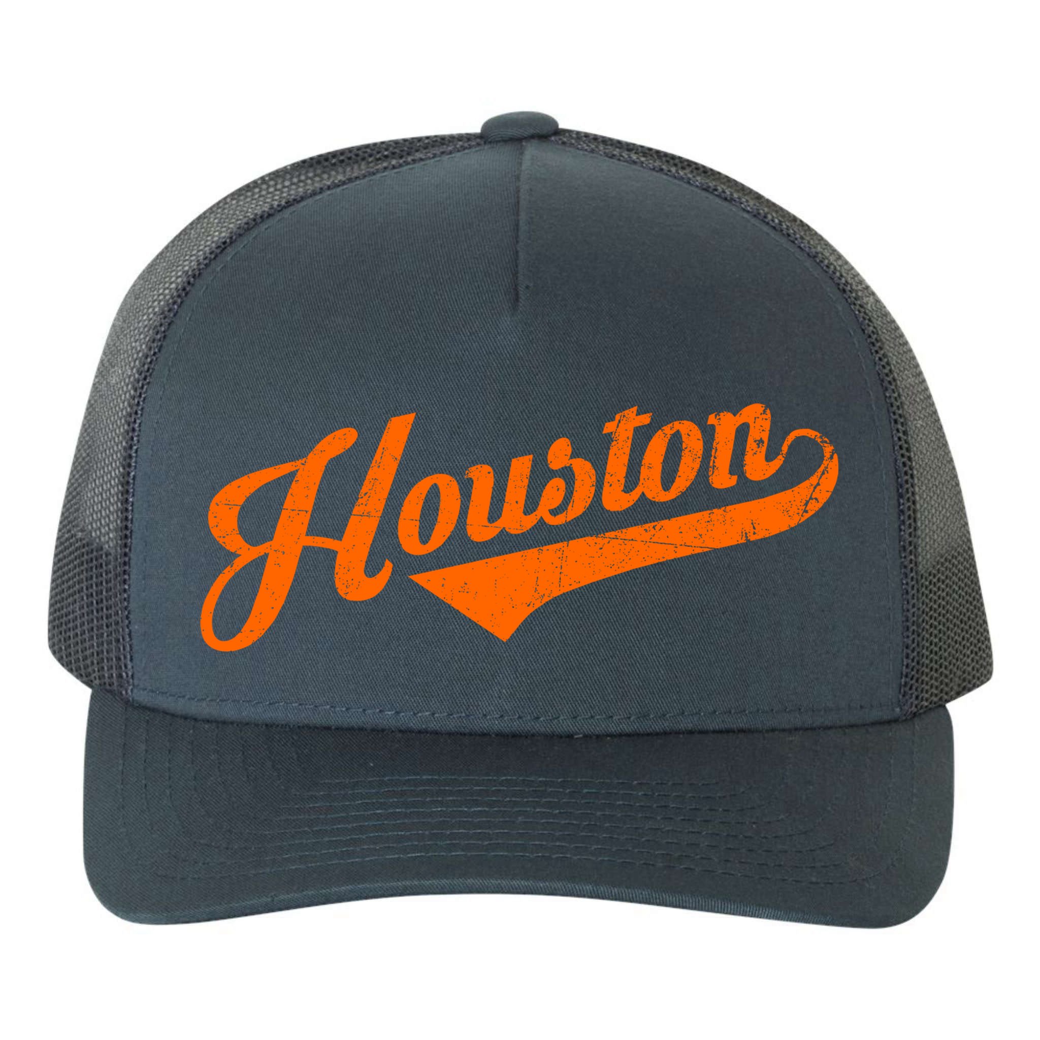 Houston, Texas City Vintage Baseball Script Yupoong Adult 5-Panel Trucker Hat