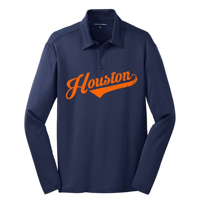 Houston, Texas City Vintage Baseball Script Silk Touch Performance Long Sleeve Polo