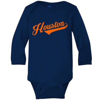 Houston, Texas City Vintage Baseball Script Baby Long Sleeve Bodysuit