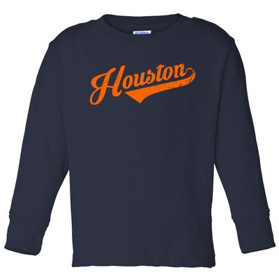 Houston, Texas City Vintage Baseball Script Toddler Long Sleeve Shirt