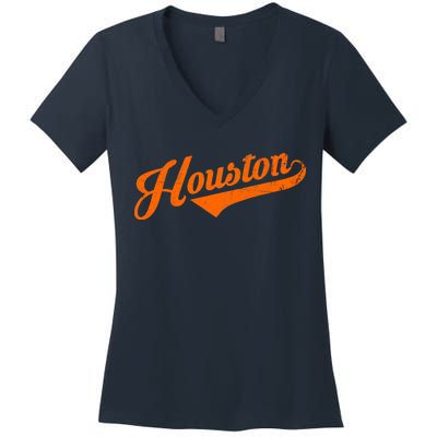 Houston, Texas City Vintage Baseball Script Women's V-Neck T-Shirt