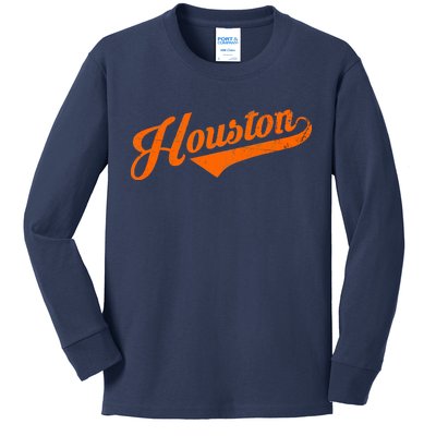 Houston, Texas City Vintage Baseball Script Kids Long Sleeve Shirt